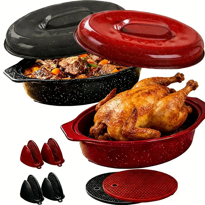 Starry Red Speckled Oval Enamel Roasting Pan with Lid - Enamel Coated Professional Non-Stick Cookware, Even Heat Distribution, Heat-Resistant Oven-Safe Baking Bakeware, Dishwasher Safe, Induction-Stove Compatible for Turkey, Christmas Gatherings - Starr