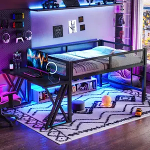 Bellemave Black Metal Gaming Loft Bed - Space-Saving Elevated Bed with X-Shaped Leg Desk, LED Lights, USB Ports, Staircase, Mesh Guardrail for Dorms, Bedrooms