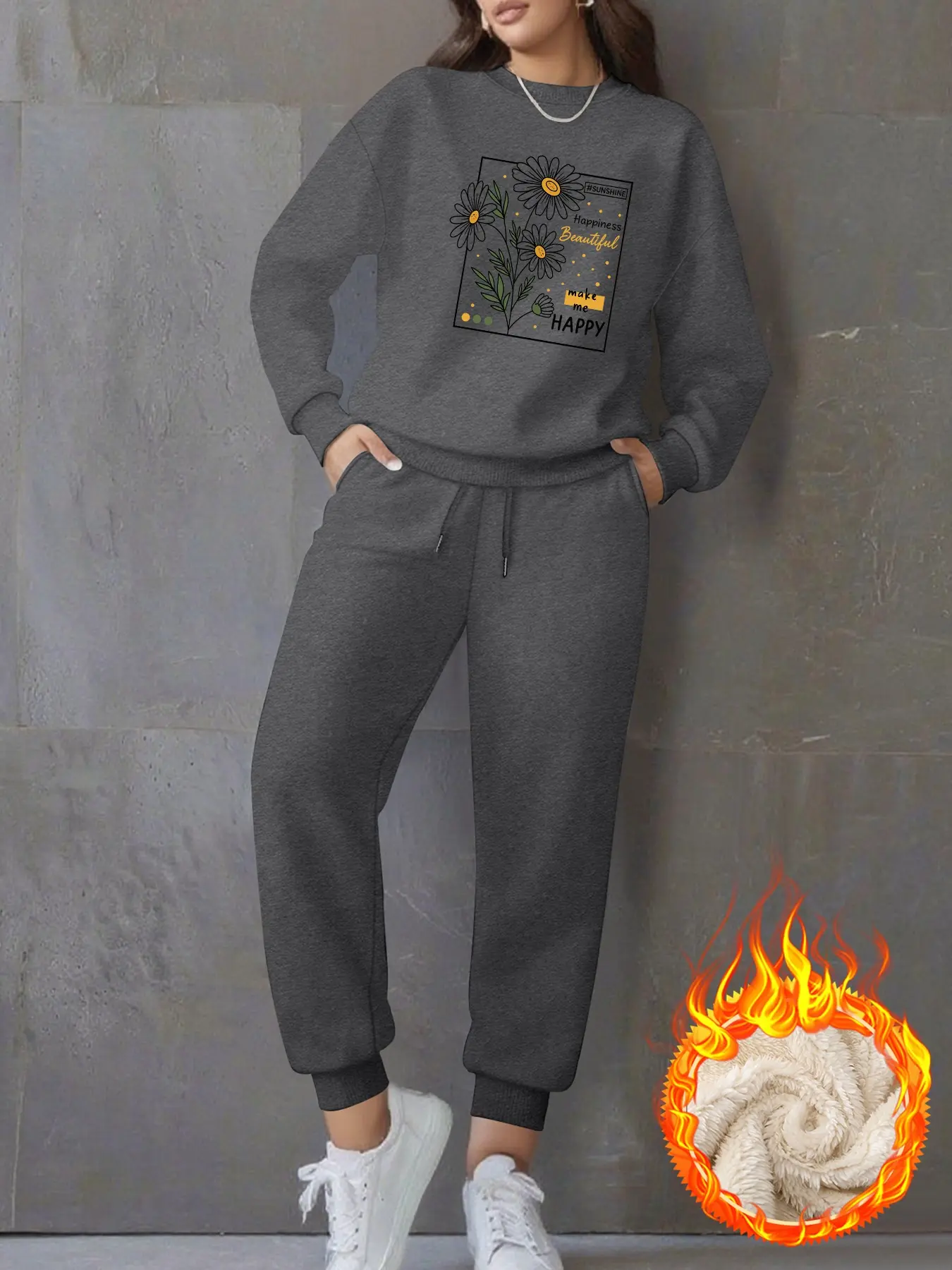 Women's Casual Sweatshirt Set, Daisy Flower & Letter Print, Round Neck Long Sleeve Top & Sweatpants, Fall Winter