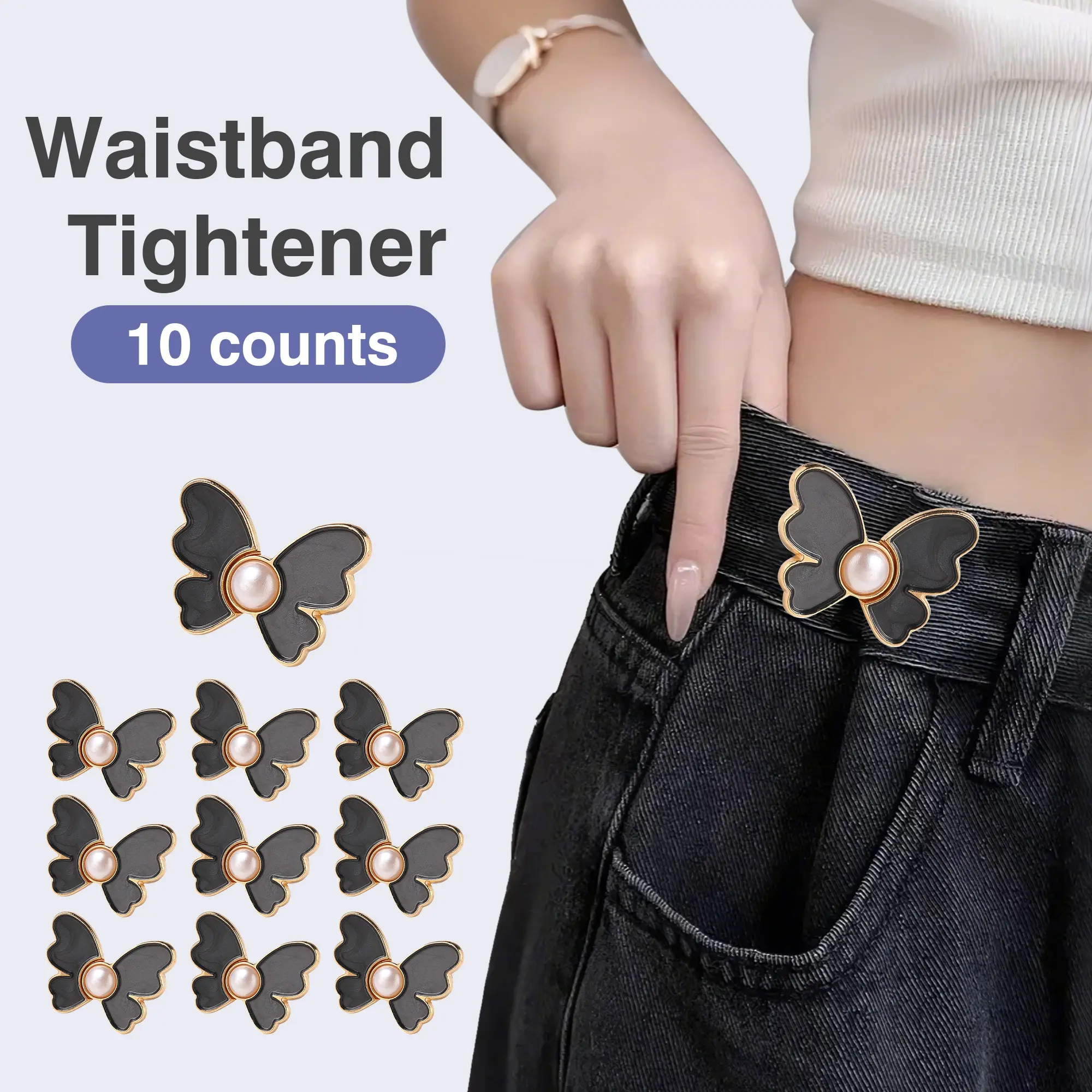 10 Counts Adjustable Pant Waist Tightener, Waist Tightener Clip, No Sew Butterfly Waist Buckles Pins for Loose Jeans or Skirts, Detachable Decorative Buckle for Women