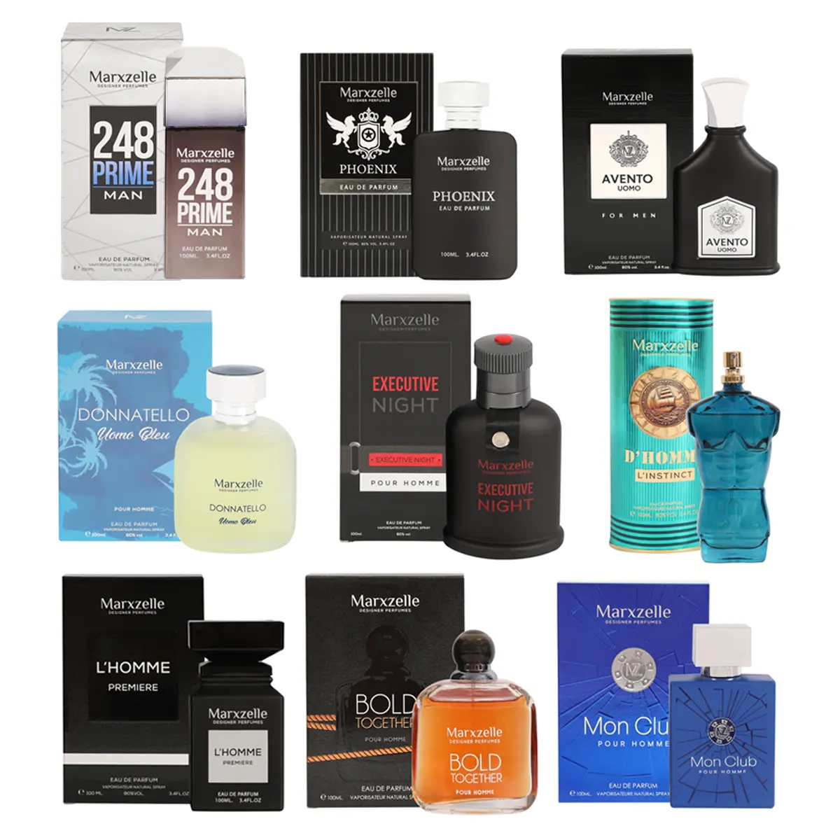 Marxzelle Creator Package 248 Prime-MZ5602, Phoenix-MZ5848, Avento Uomo-MZ6455, Donnatello-MZ6738, Executive Nights-MZ5718,D'Homme-MZ0145, L'Homme-MZ5787, Bold Together-MZ0902, Mon Club-MZ0872