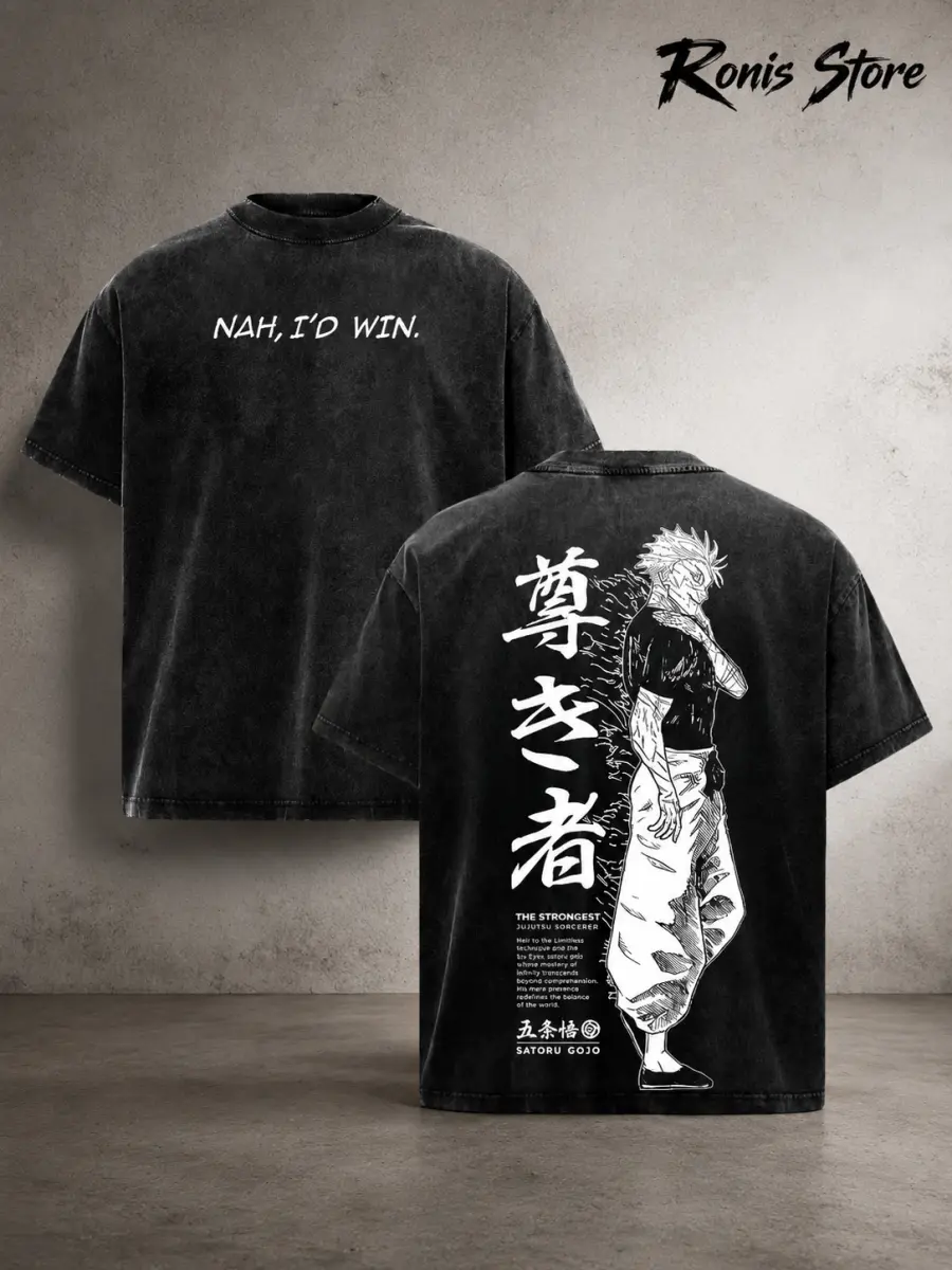 Men's Black Cotton Loose-Fit Short-Sleeve T-Shirt - Jujutsu Kaisen Gojo Satoru Vintage Washed Graphic Print Top, "Nah, I’d Win" Back Design, All Seasons JJK Streetwear Gift for Anime Fans, Shortsleeve