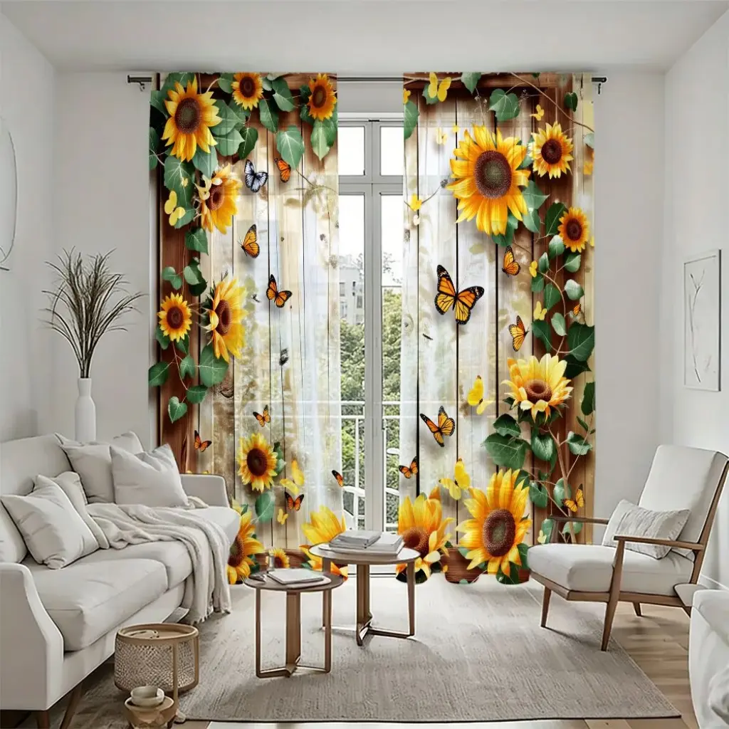 2Pcs Sunflower Butterfly Rustic Wood Print Window Sheers, Window Drapes, Window Hanging, Modern Farmhouse Style, Rod Pocket Installation, Semi-Transparent, Home Decor Curtain for Living Room Bedroom Study, Durable Coverings
