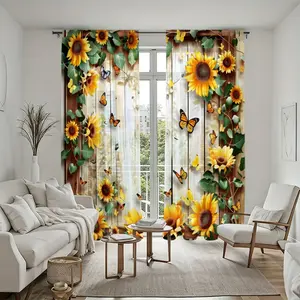 2Pcs Sunflower Butterfly Rustic Wood Print Window Sheers, Modern Farmhouse Style, Rod Pocket Installation, Semi-Transparent, Elegant Home Decor, Room Decor Curtain for Living Room Bedroom Study, Durable Coverings.