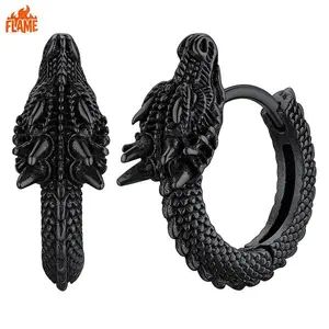 Men's Titanium Steel Black 3D Dragon Head Huggie Hoop Earrings - Gothic Punk Detail, Vintage Mythical Beast Jewelry, Daily Wear Streetwear Accessory, Ideal Gift for Boyfriends, Earrings with Dragon Head Element