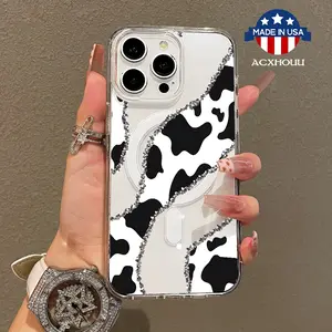 Trendy Magnetic Case for iPhone11/12/13/14/15/16/promax, Cow print glitter Ultra Slim, MagSafe Support, Shockproof | Playful & Fun Style