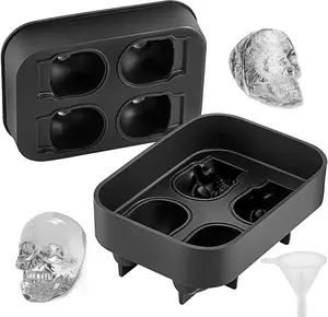 Skull Ice Cube Tray, 4-Grid Skull Ice Ball Maker, Flexible Black Silicone Ice Tray with Lid & Funnel, Funny Skull Ice Cubes 1.6"x1.8" Each for Beverage, Chocolate, etc. on Parties & Holidays