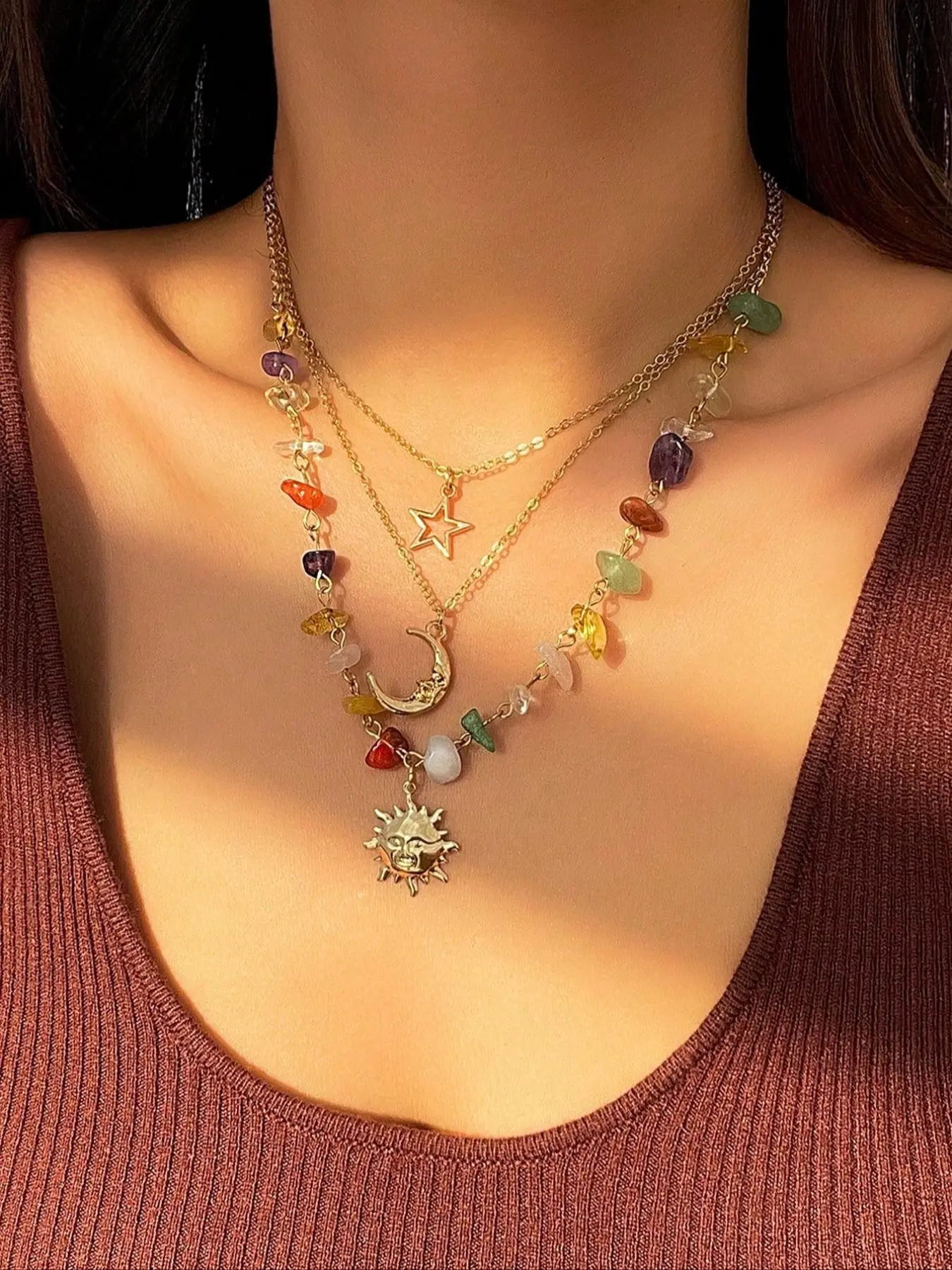 3-Piece Set Women's Artificial Crystal Star Moon Pendant Necklace, Sparkling Party Jewelry, Elegant Gift, Fall Accessory, Unique Female Gift, Moon Goddess Pendant