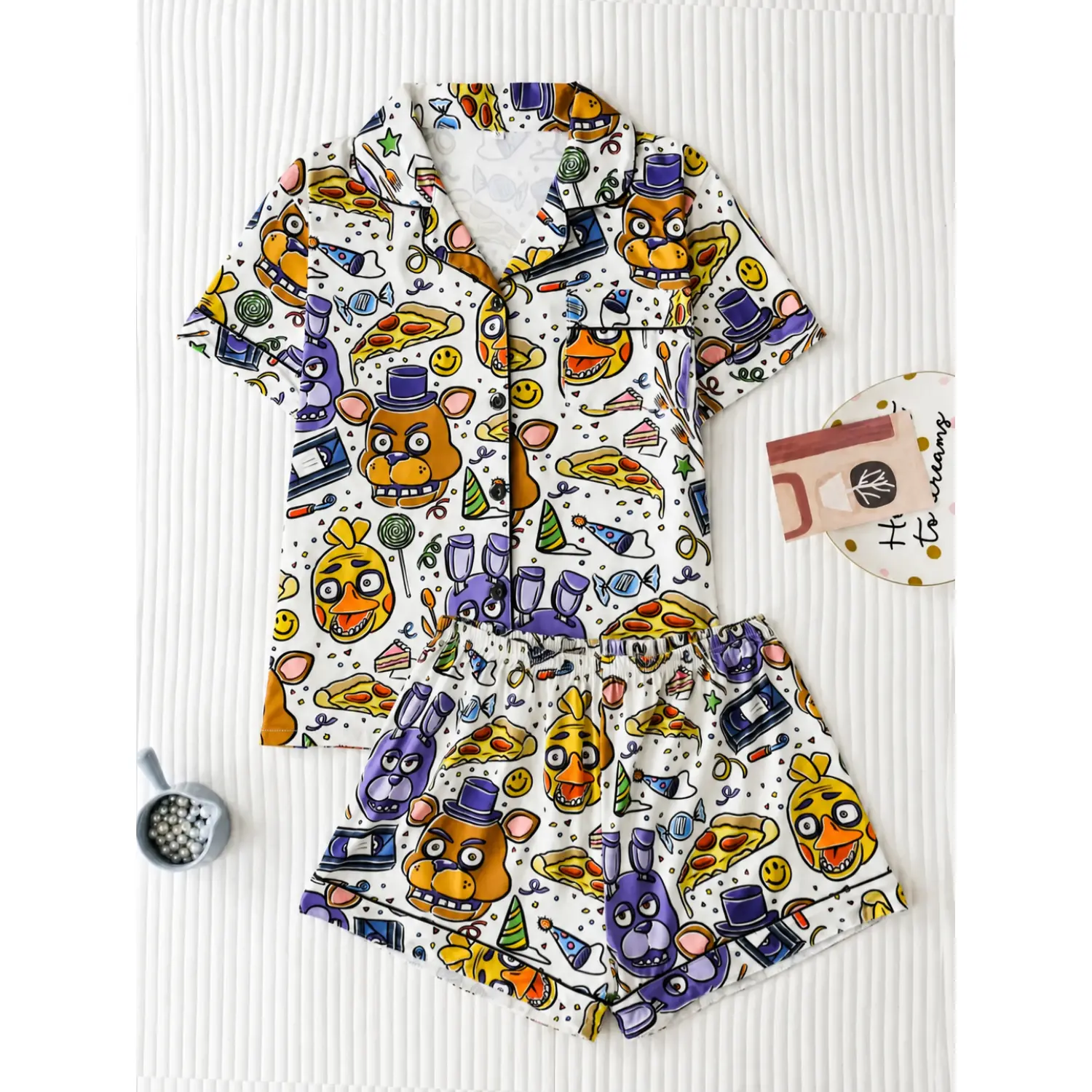 Bear Women's Fitted Sleepwear Set - All-Season Comfort & Stretch with Short Sleeve Top and Elastic Shorts, Casual Loungewear, Stylish Ladies' Pajamas