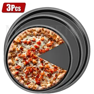 Round Pizza Tray Set of 3 for Oven, Non-Stick Carbon Steel, Holeless & with Holes, Deep, Perfect for Frozen & Homemade Pizzas, Non Stick Bakeware