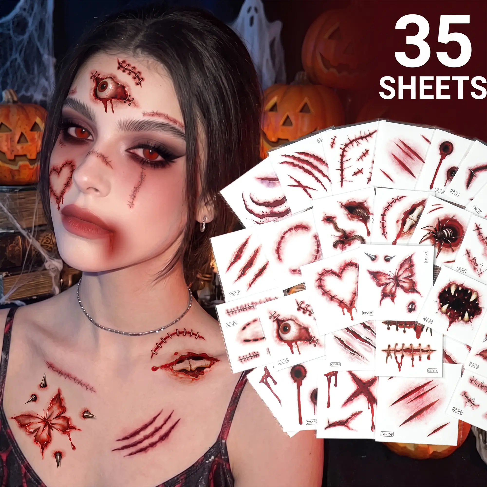 35Pcs Realistic 3D Halloween Temporary Tattoo Stickers, Spooky Fake Bloody Wound & Zombie Tattoos, Easy to Apply & Remove, Body & Face Prank Makeup Decor for Masquerade, Adult Cosplay Costume, Halloween Party Favors