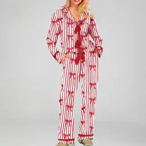 MommyandMeMatchingPajamasBow/HeartPrintTieFrontLongSleeveTopsandLongPantsSetFamilyMatchingSleepwear