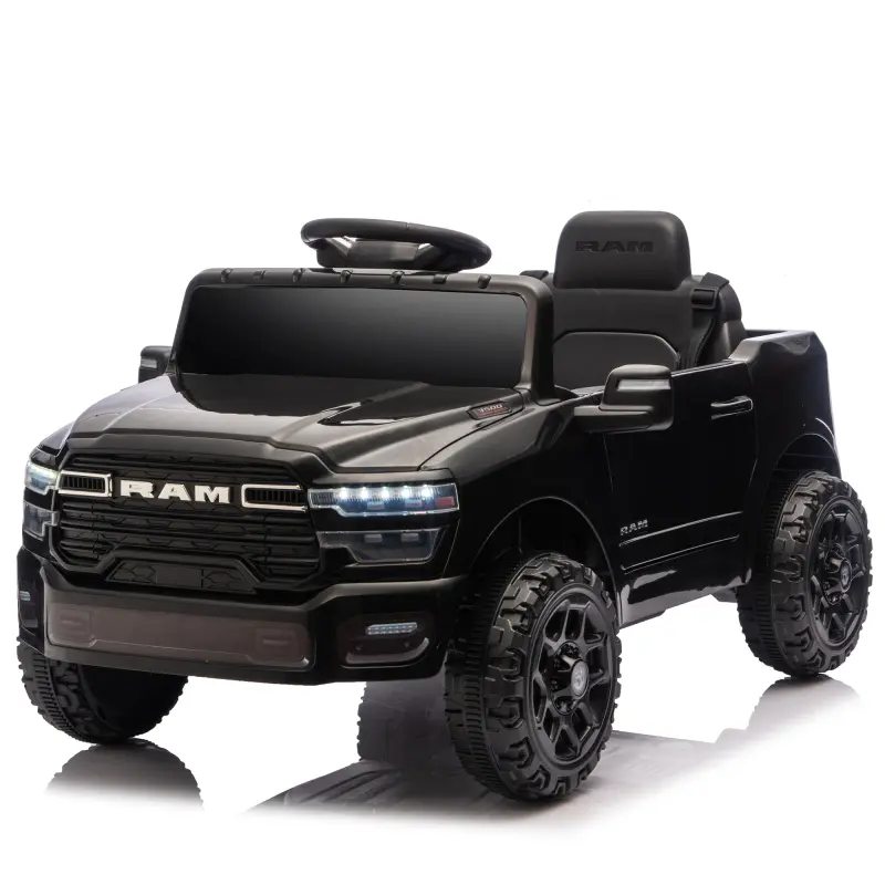 12V Rechargeable Electric Ride-on Toy Car - RAM 3500 Model Bulldozer, for 1-3 Year Old Toddlers, 2WD, Rear Shock Suspension, LED Lights, Bluetooth, 3-Point Safety Belt, Black, Rechargeable Car