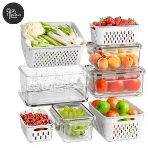 [Shepherd]Fruit and Vegetable Organizer, 4-pack Double DrainerFruit & Vegetable Storage Box,,Kitchen Accessories Storage Organizer, Household Essentials Durable
