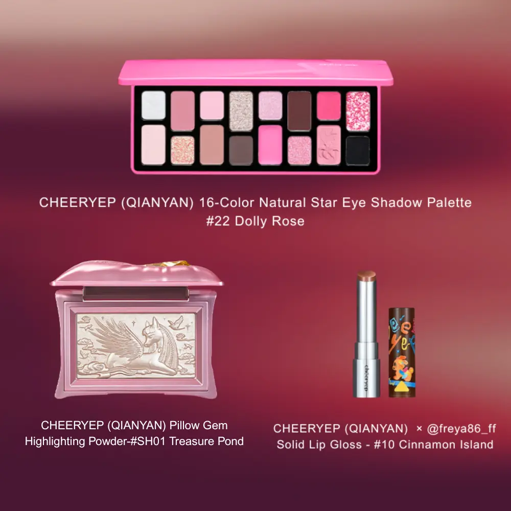 CHEERYEP Full Face Glam Set: Dolly Rose 16-Color Palette + Dream in Spring Shadow + Cinnamon Lip | Viral Makeup Bundle