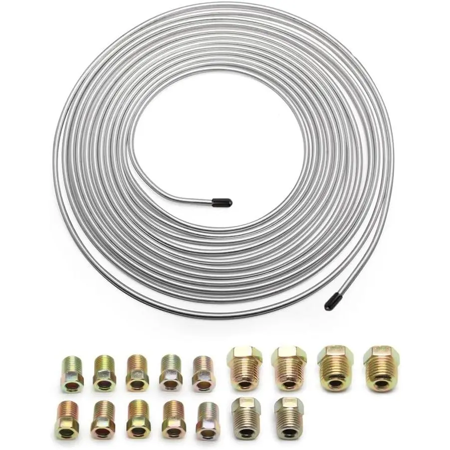 25Ft 3/16 Zinc Plated Copper Brake Line Kit - 16 Inverted Flare Fittings Included - Flexible Universal Repair Kit for Car, Home HVAC Water Pipes (Silver), Family