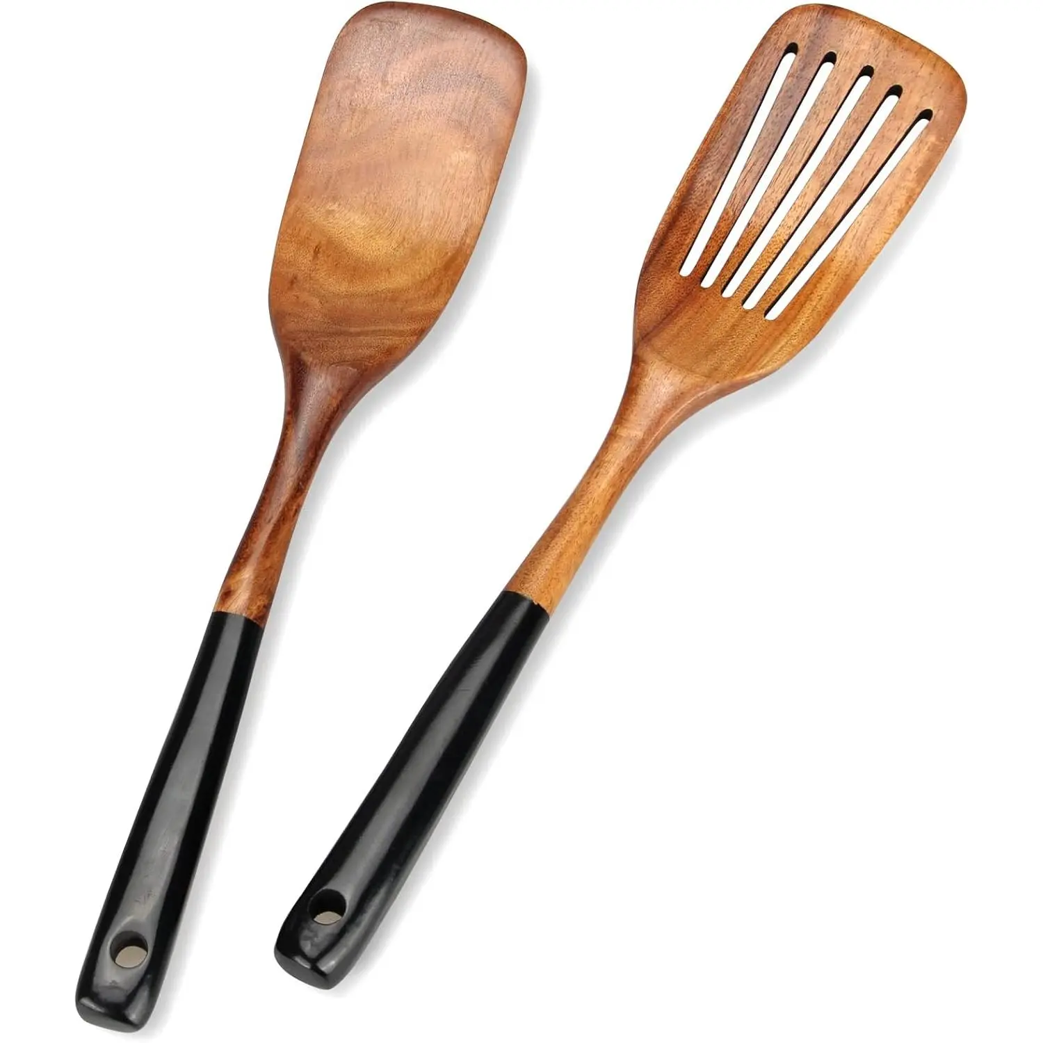 2-Piece Wooden Spatula Set for Cooking, Non-Toxic Teak Kitchen Utensils with Groove, Pancake Spatula, Flat Wooden Spatula, Bamboo Spoon for Cooking Utensils Set, Spatula Scraper, Black Fish Egg Turner, Spatula
