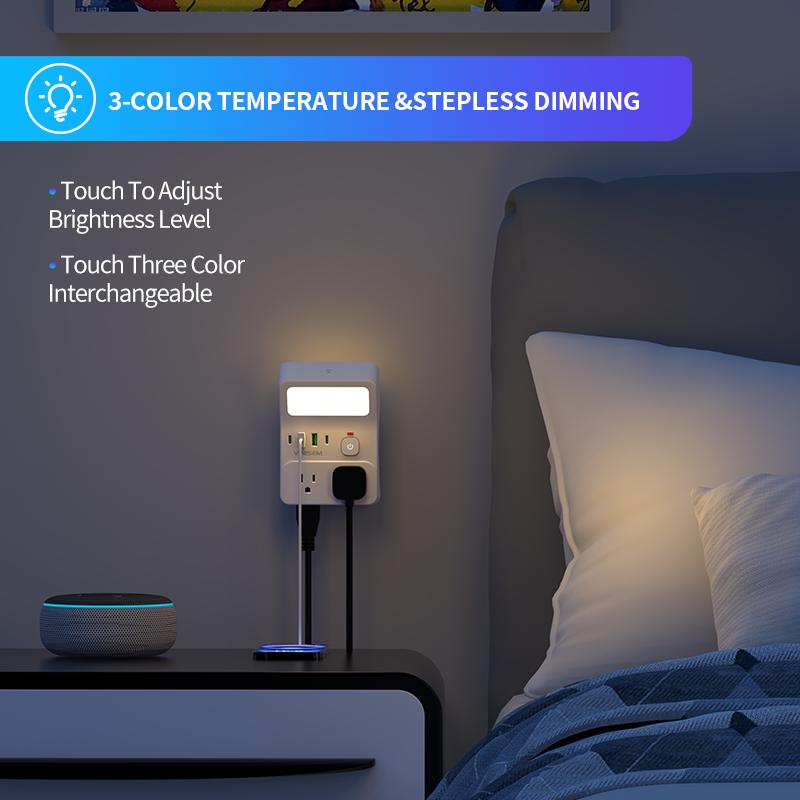 night light wall socket, 4 AC sockets with overload protection, maximum power of 1250W, 10A, 2 USB 2 Type-C, suitable for home, office, travel and computer.