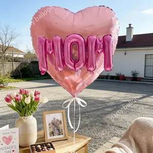 6 Heart Foil Balloons Set, Mother's Day Gift, 32 Inch Love Heart, 16 Inch Mom Letter, Home Decor, Party Props, Store Display