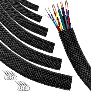 Automotive Wire Loom High Temperature Braided Wire Loom, Split-Sleeve Heat Resistant Wiring Loom Cord Cover for Harness Wires, Self-Wrapping Sheathing Cable Management Black(20ft-1/4inch )