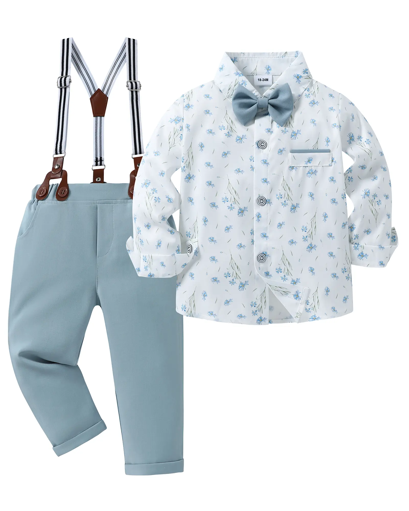 Toddler Boys' 3-Piece Formal Wear, Solid Gentleman Tuxedo Outfit with Bow Tie & Removable Suspender Pants, Kids Clothes for Wedding, Clothes Kids, Breathable Set, Set Suit, Long Sleeve, Dress Shirt, Colorblock, Fitted, Removable Suspenders, Retro Holiday,