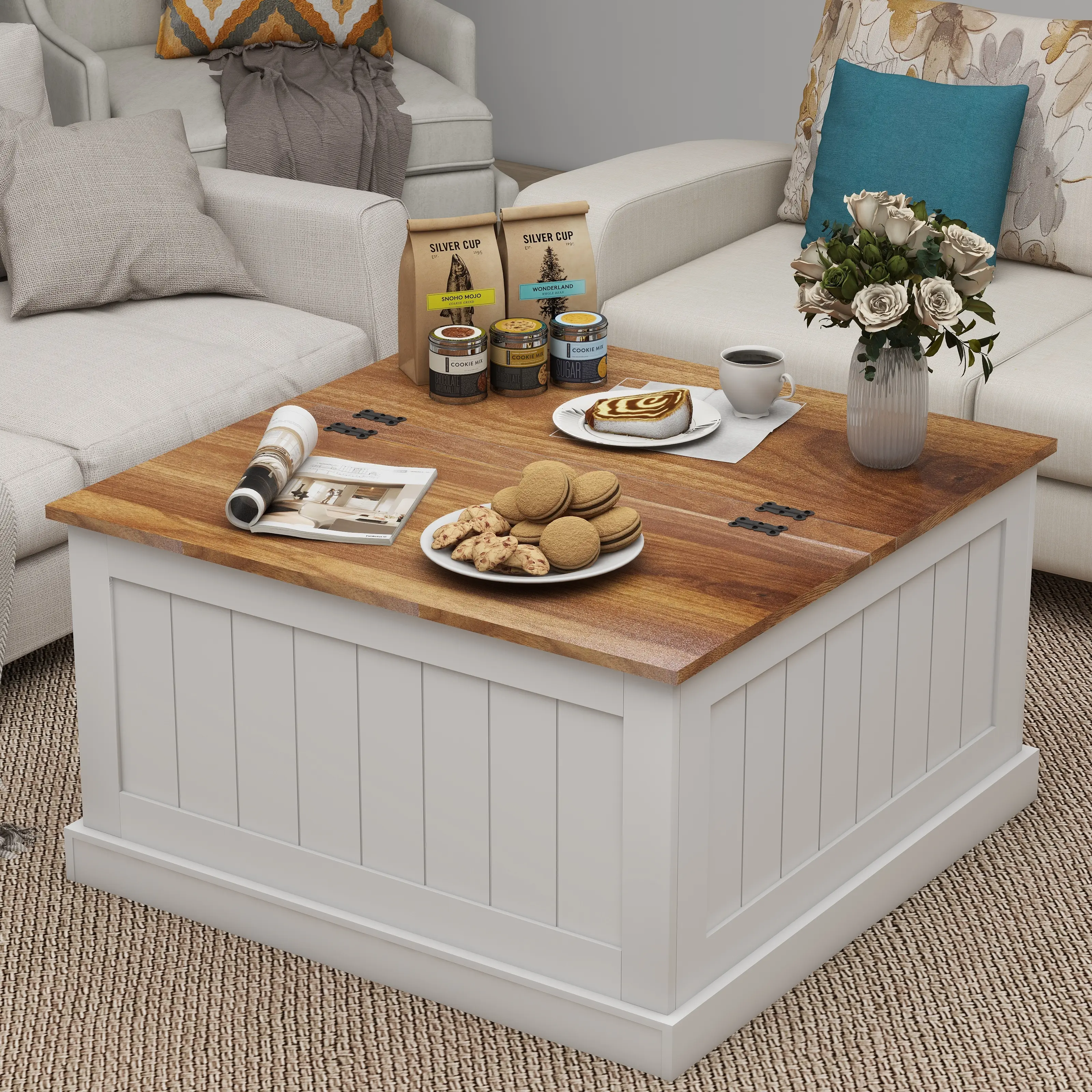 31.5" Farmhouse Lift-Top Outdoor Coffee Table, Vintage Wood Look, Dual Flip Design, Hidden Storage, Compact Multi-Functional Small Coffee Table, Compact Coffee Tables, Multi-Functional Coffee Tables