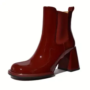 2025 Autumn Women's Chunky Platform Ankle Boots Square Toe High Heel Synthetic Cover Rubber Sole Zipper Closure Red Versatile Boots for Casual & Formal Outfits Knee Winter Walking Shoes Footwear