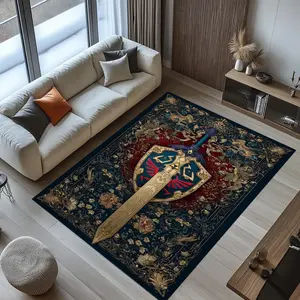 Zelda Master Sword Rug Hylian Shield Carpet, Gold Blue Crest Design, Fantasy Gamer Decor