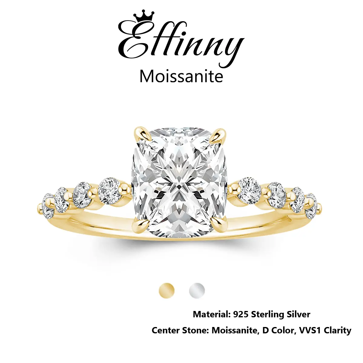 Effinny 14K Gold Plated 2.0 Carat Certified Moissanite Elongated Excellent Cushion Cut D Color VVS1 Engagement Ring, 925 Sterling Silver Promise Jewelry for Women, Travel, Engagement Rings, Female