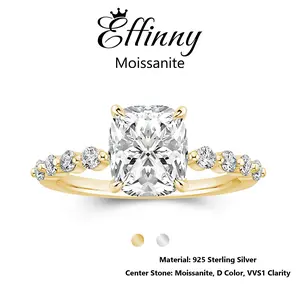 Effinny 2.0 Carat 14K Gold Plated Elongated Excellent Cushion Cut D Color VVS1 Engagement Ring, Synthetic Moissanite Promise 925 Sterling Silver Jewelry for Women, Wedding