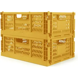 2-Pack Plastic Stackable Foldable Storage Crates, Ideal for Office Home Kitchen Bedroom Bathroom, Large, Golden Yellow