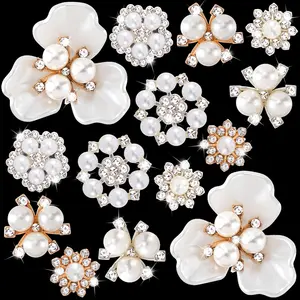 14 PCS Pearl Flower Buttons Vintage Pearl Brooch for Jewelry Making, Wedding Rhinestone Button Covers Embellishments for Women DIY Clothes Bags Shoes Decoration HINZIC