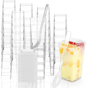 50 Pack 3 oz Square Mini Dessert  with Lids and Spoons Clear Dessert Shooter  with Spoons Parfait  with Lids Appetizer  for Party Small Plastic Dessert  for Pudding Disposable paper ring garland cake container cups