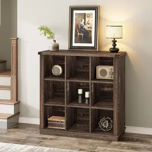 9 Cube Storage Organizer Bookshelf 4 Tier Farmhouse Horizontal Bookcase 37 Inch Wood Storage Bookcase for Entryway Long Low Bookshelves for Living Room-Black Oak