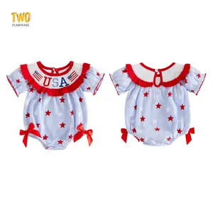 Patriotic Baby Girl Romper Independence Day Summer Puff Short Sleeve America Flag Embroidery Bow Decor Striped Jumpsuit