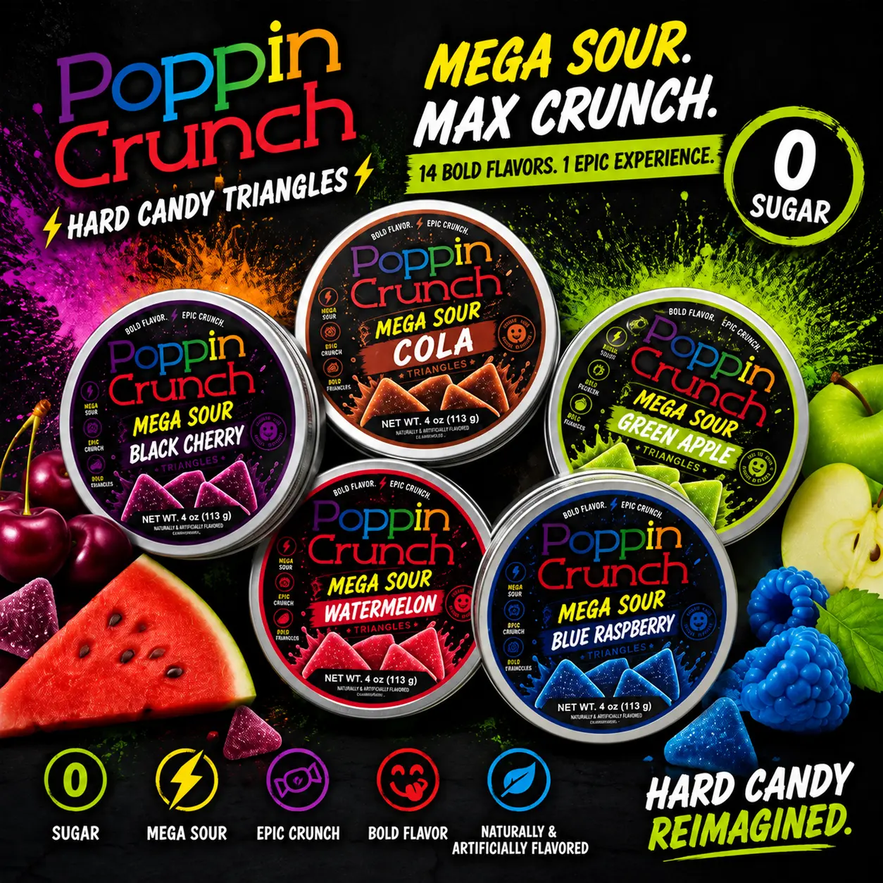 Poppin Crunch Sugar Free Mega Sour Candy Triangles Poppin Crunch Sugar Free Mega Sour Candy Triangles