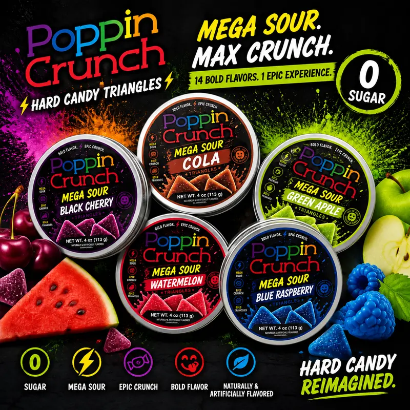 Poppin Crunch Sugar Free Mega Sour Candy Triangles