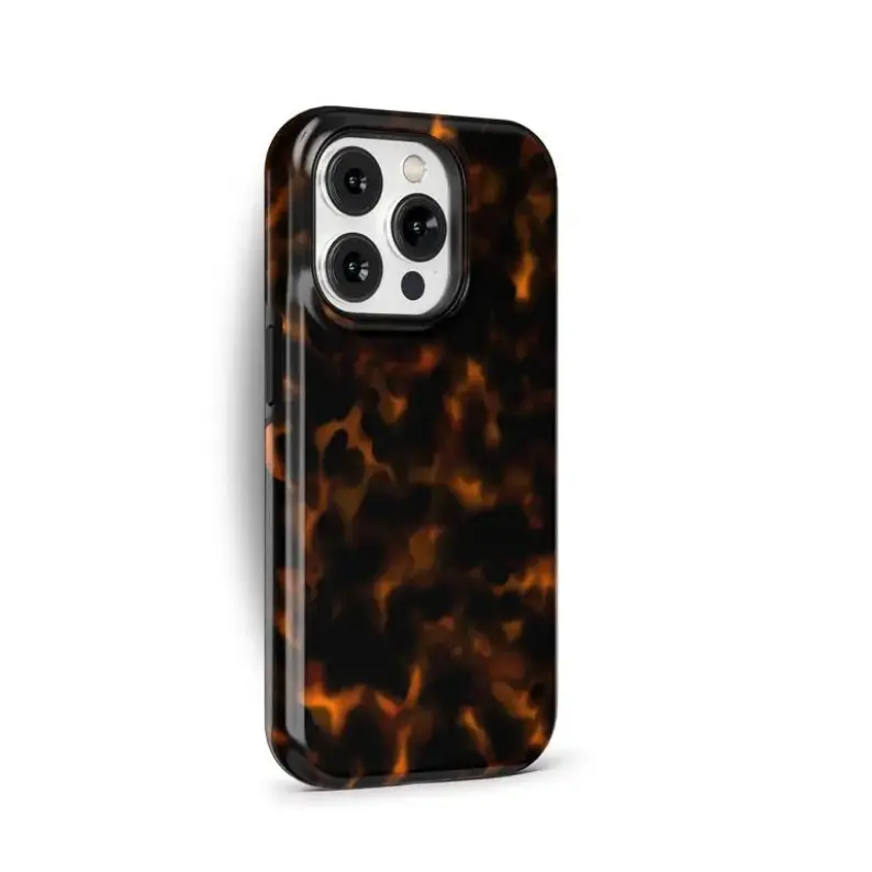 Dark Orange Tortoise Shell Shiny Rubber Smartphone Case. Wireless Charging Compatible, Shockproof Protective Cover. Great Mobile Accessory Gift for iPhone 13, 14, 15, 16, 17 Pro Max.