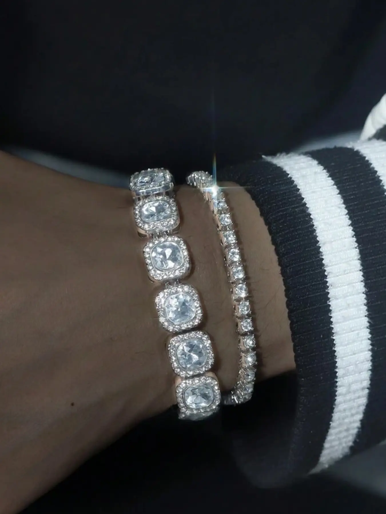 Ice Crystal Bracelet Set, Rhinestone Decorated Bracelet, Includes Sugar Cube & Tennis Chain, Fashionable Unisex Jewelry, Perfect for Decoration, Stackable Bracelets, Bracelet Stack