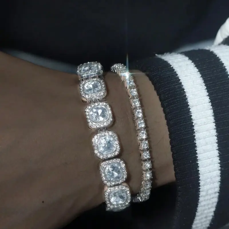Ice Crystal Bracelet Set, Rhinestone Decorated Bracelet, Includes Sugar Cube & Tennis Chain, Fashionable Unisex Jewelry, Perfect for Decoration, Stackable Bracelets, Bracelet Stack, Stacked Design Bracelets