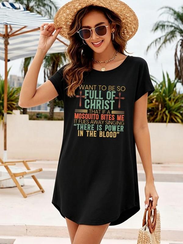 Women's Black Crew Neck Short-Sleeve Casual Tunic Dress - Christian Cross "Christ Power In The Blood" Graphic Tees Print, Soft Medium Stretch Elastane Fabric, Loose Curved Hem, Breathable, Maintains Shape, Daily & Evening Wear, Minimalist Draped Design