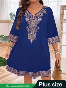 【Plus Size】Ethnic Pattern Notched Neck Dress, Boho Fashion Casual Dress for Daily Holiday Vacation Wear, Women Plus Clothing for Summer, Womenswear