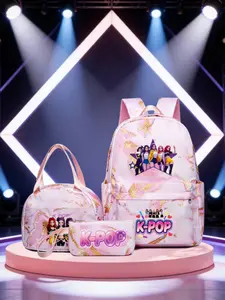 K-Pop Cartoon Student Backpack Set, Large Capacity Shoulder Bag, Lunch Box, Pencil Case, Casual Canvas Material, All Seasons