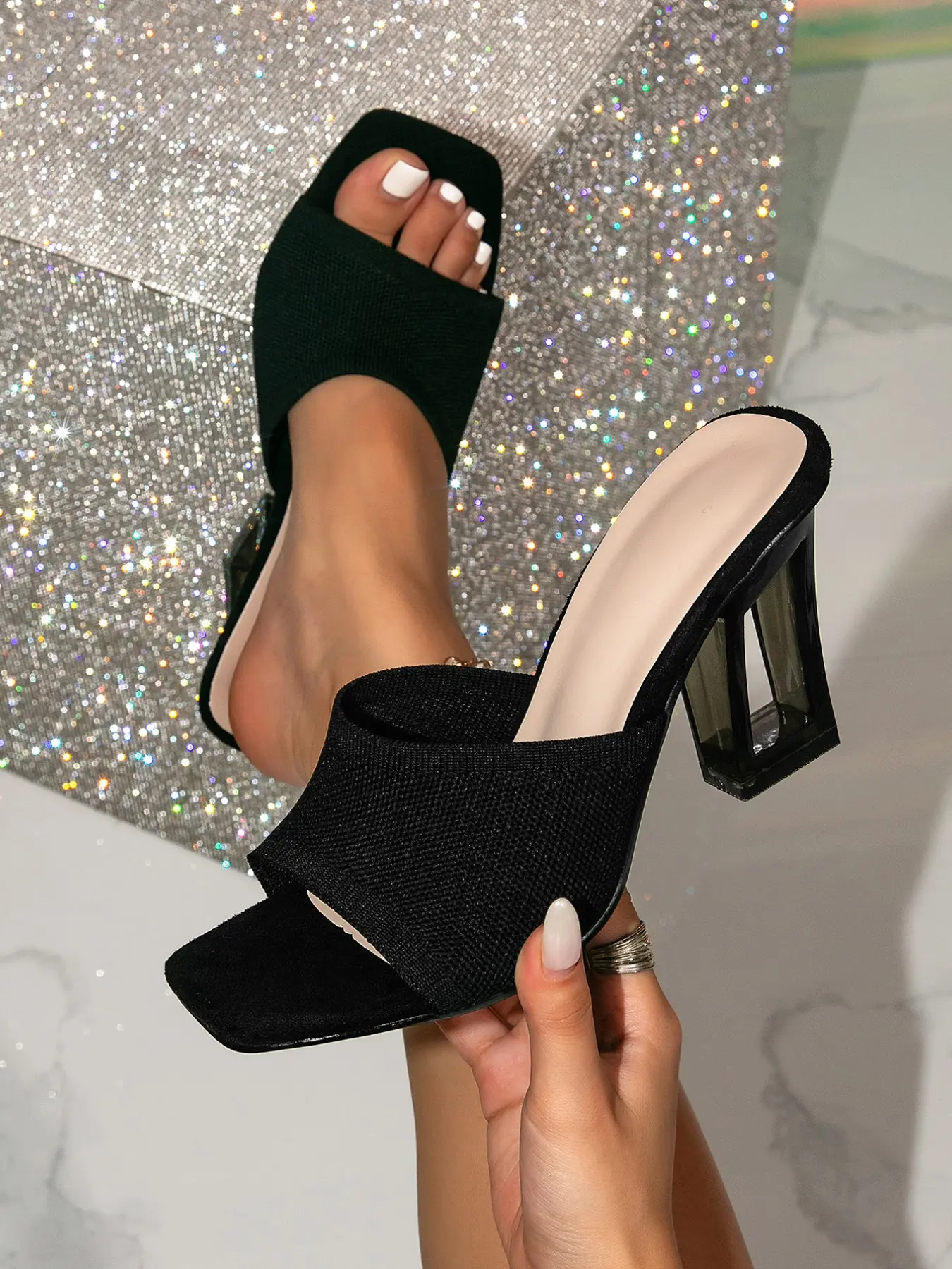 Women's Summer High Heel Sandals, Open Toe Knit Slip-On Pumps, Crystal Heel Fashion Shoes, New Arrival Ladies' Footwear, Elegant Classy Sandals, Elegant Fashionable Sandals
