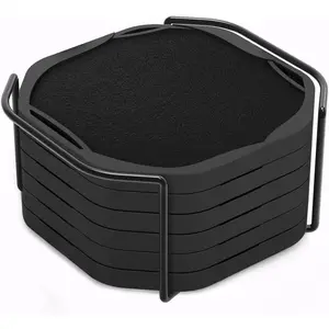 Black Octagon 4" Felt & Silicone Drink Cup Coasters Set of 6 with Holder - Super Absorbent, Built-in Leak Protection, Non-Stick, Modern Coasters for Coffee Table, Desk & Home Decor
