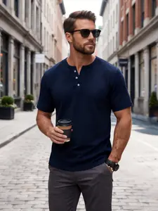 New Summer T-Shirt Casual Slim Fit Button Pure Color Henry Shirt Short Sleeve Men, Daily Wear, Comfortable and Stylish