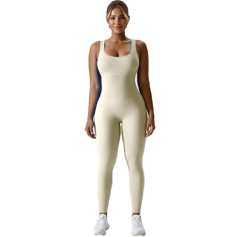 Women's Seamless Ribbed Knit High-Stretch Tummy Control Butt Lifting Yoga Bodysuit Square Neck Sleeveless Plain Solid Color Long Length Minimalist Elegant All Seasons Athletic Style Workout Gym Clothing