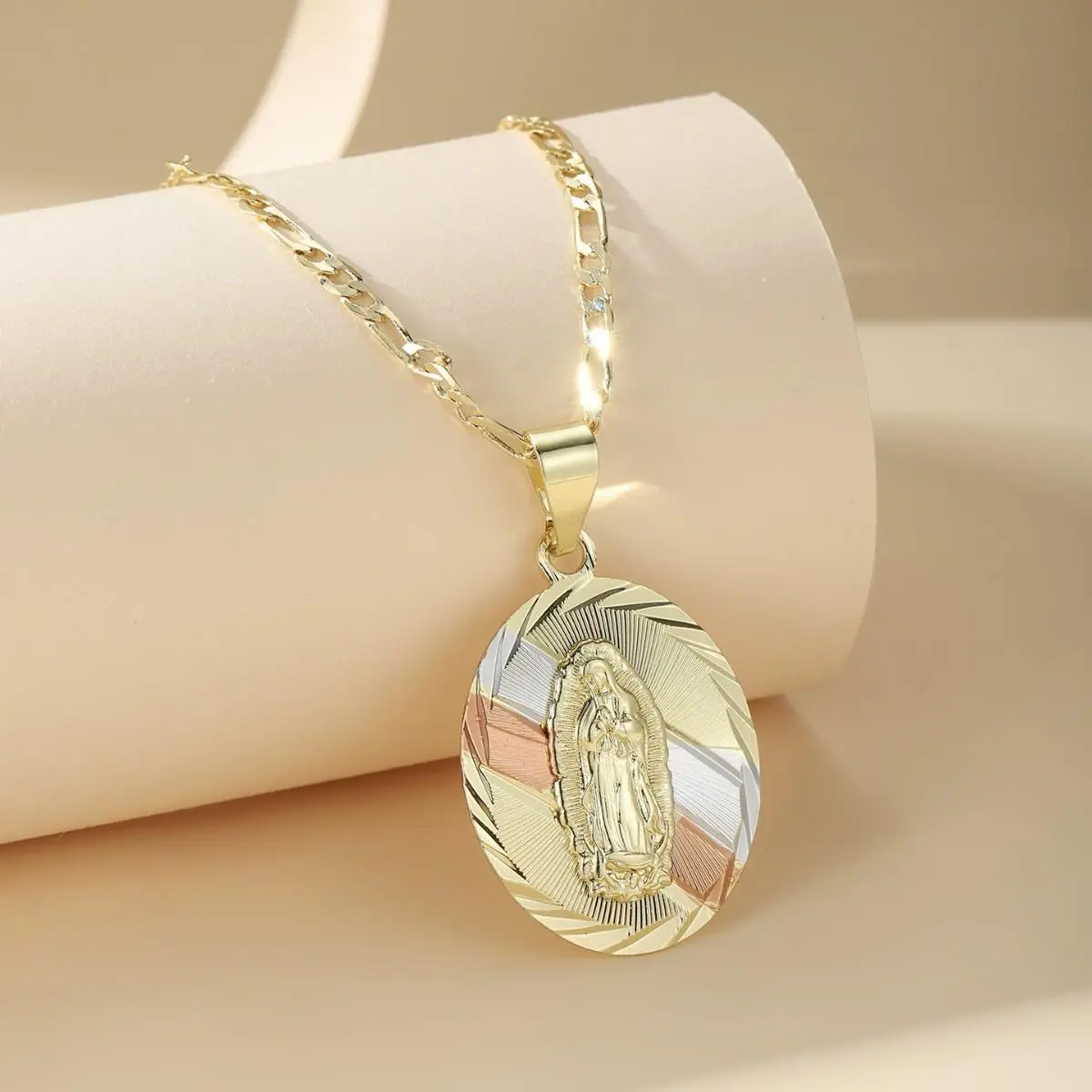 Female 14K Gold Plated Figaro Chain Necklace, 23.6in Tri-Tone Metal Our Lady of Guadalupe Pendant with Detailed Virgin Mary Relief, Faith & Protection Jewelry Gift for Birthday & Daily Wear