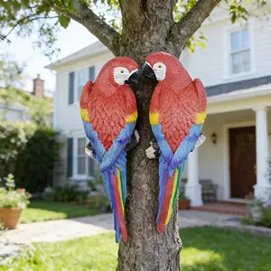 2PCS Colorful Macaw Resin Bird Sculptures, Realistic Waterproof Wall Hanging Parrot Decorations for Outdoor Garden Patio Balcony Trees and Tropical Home Living Room Decor