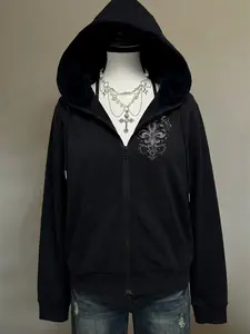 Womens Zip-Up Black Graphic Hoodie, Womenswear, Viral Edgy Goth Vibe Fleur-De-Lis Print Outfit, Soft Fabric Casual Daily Streetwear, Trendy Dark Aesthetic OOTD, Comfy Hooded Fit, Retro Gothic-Inspired Design, TikTok Fashion Top, Stylish Edgy Wear, Floral